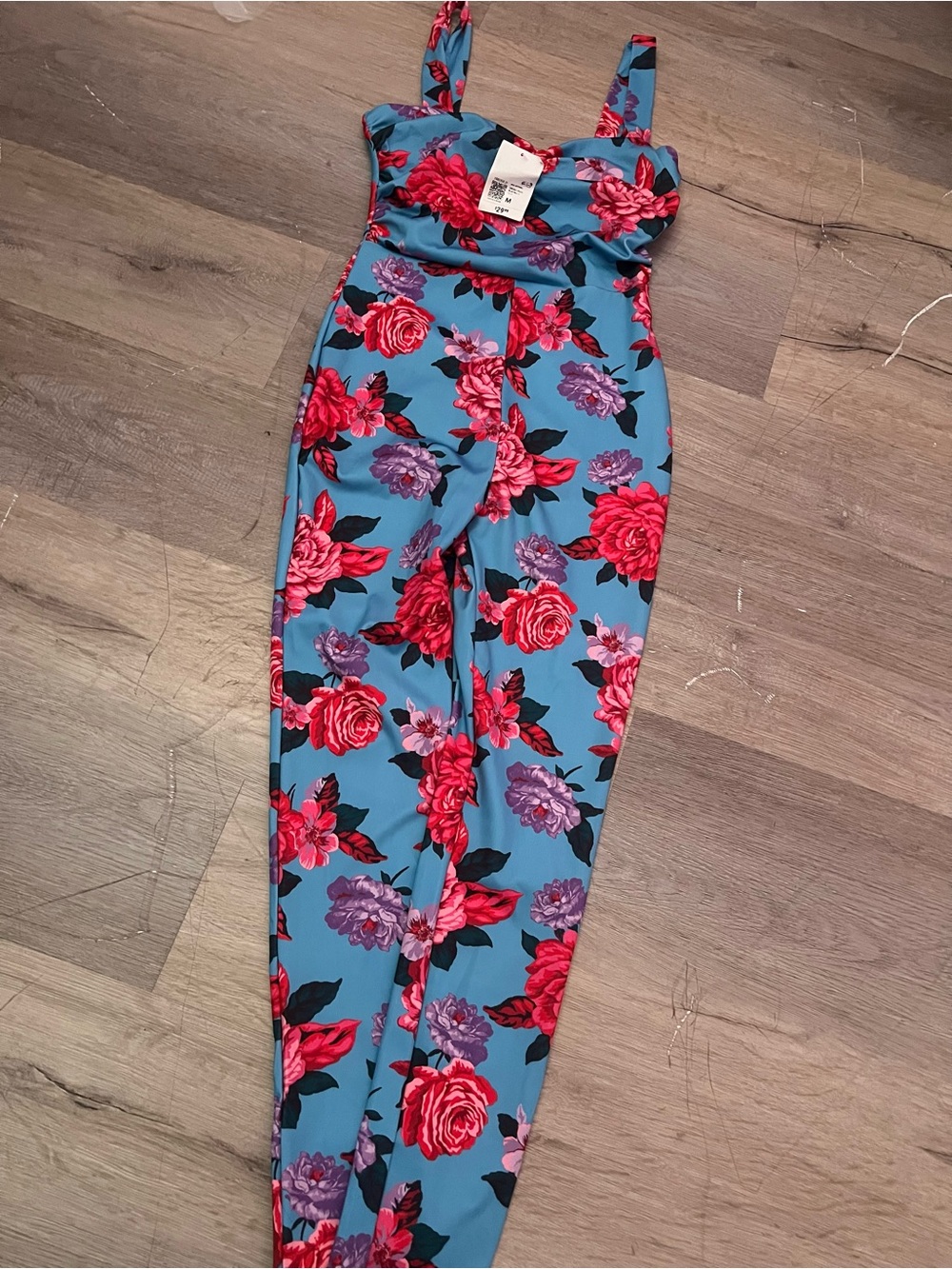 Forever 21 Turquoise Floral Jumpsuit with Pink & Purple Roses